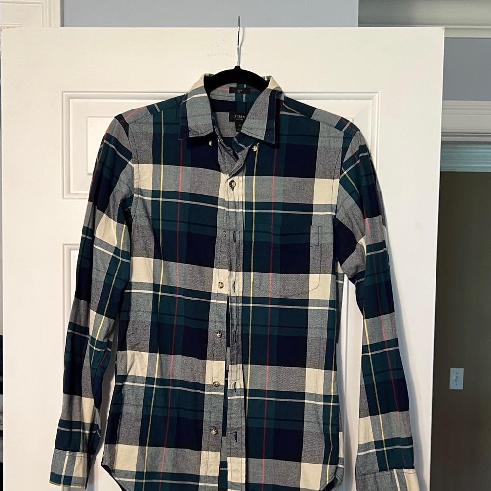 J. Crew Men's Checkered Shirt - Dark Green and Cream